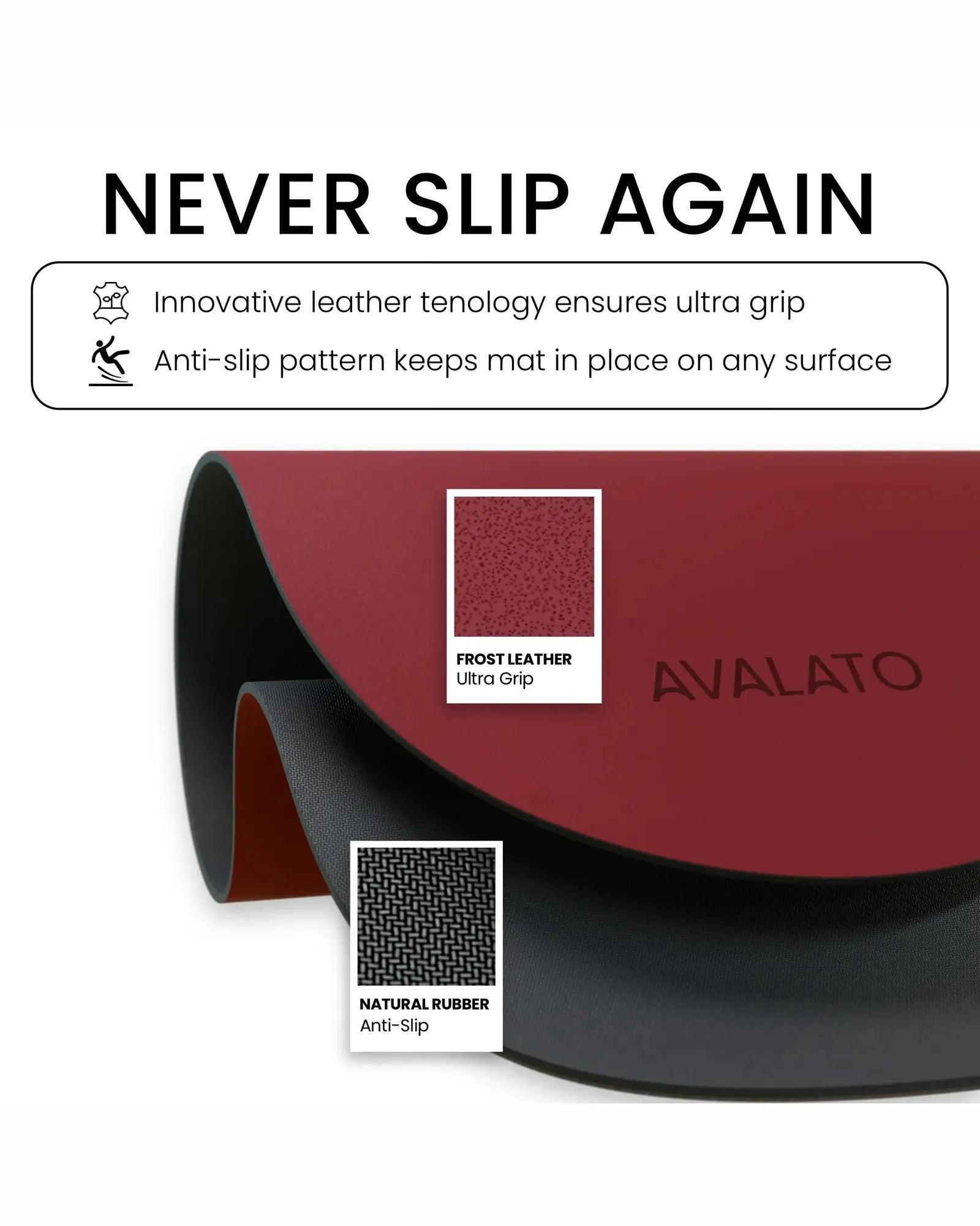 never slip again on yoga mat with grip leather and anti-slip natural rubber