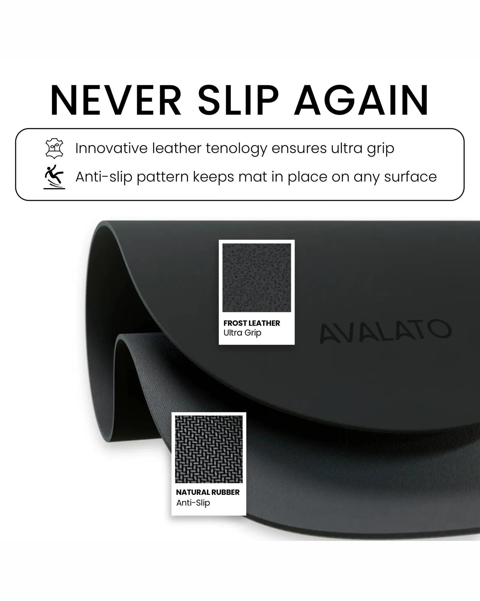 never slip again on yoga mat with grip leather and anti-slip natural rubber