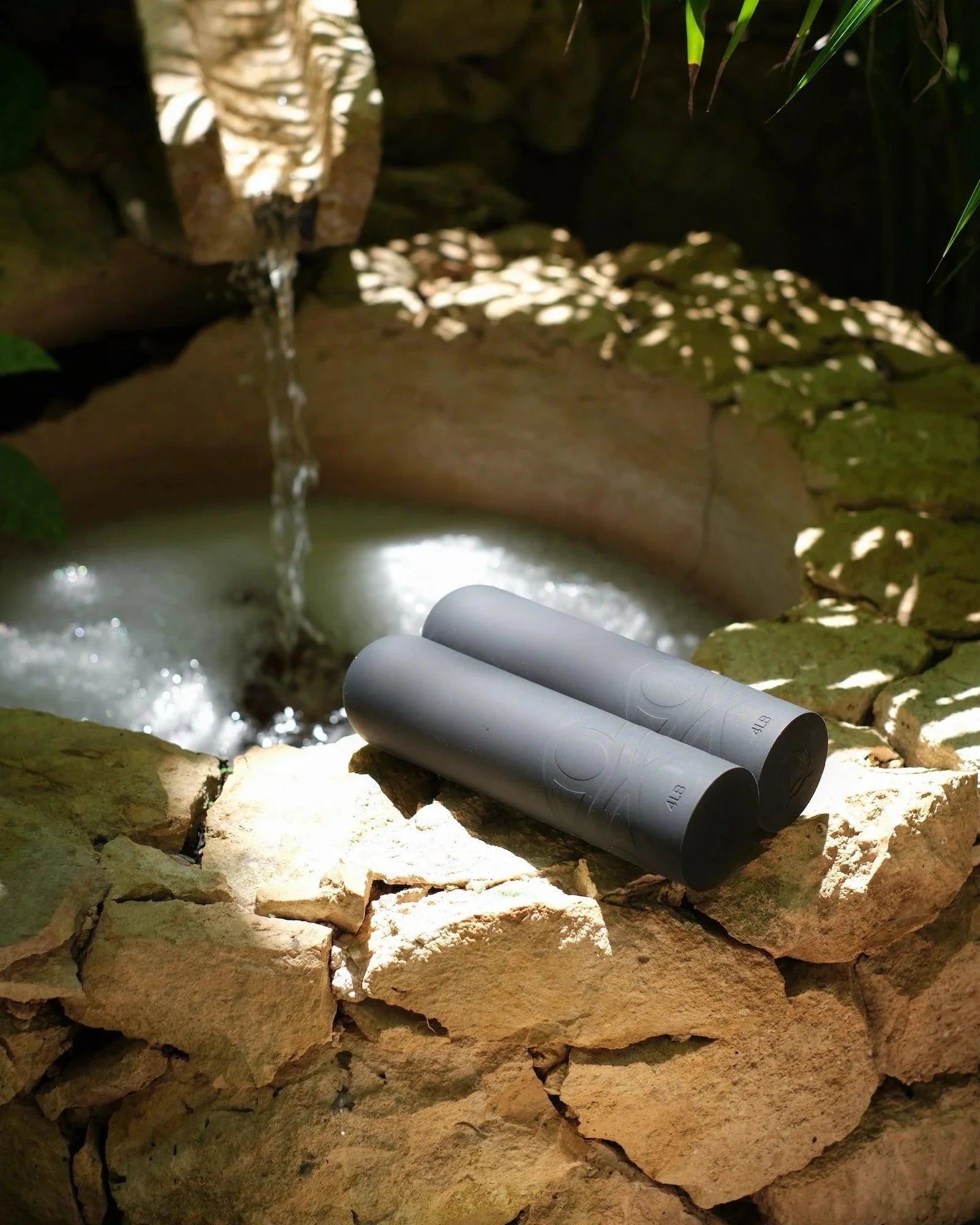 Two black silicone dumbbells in front of fontain