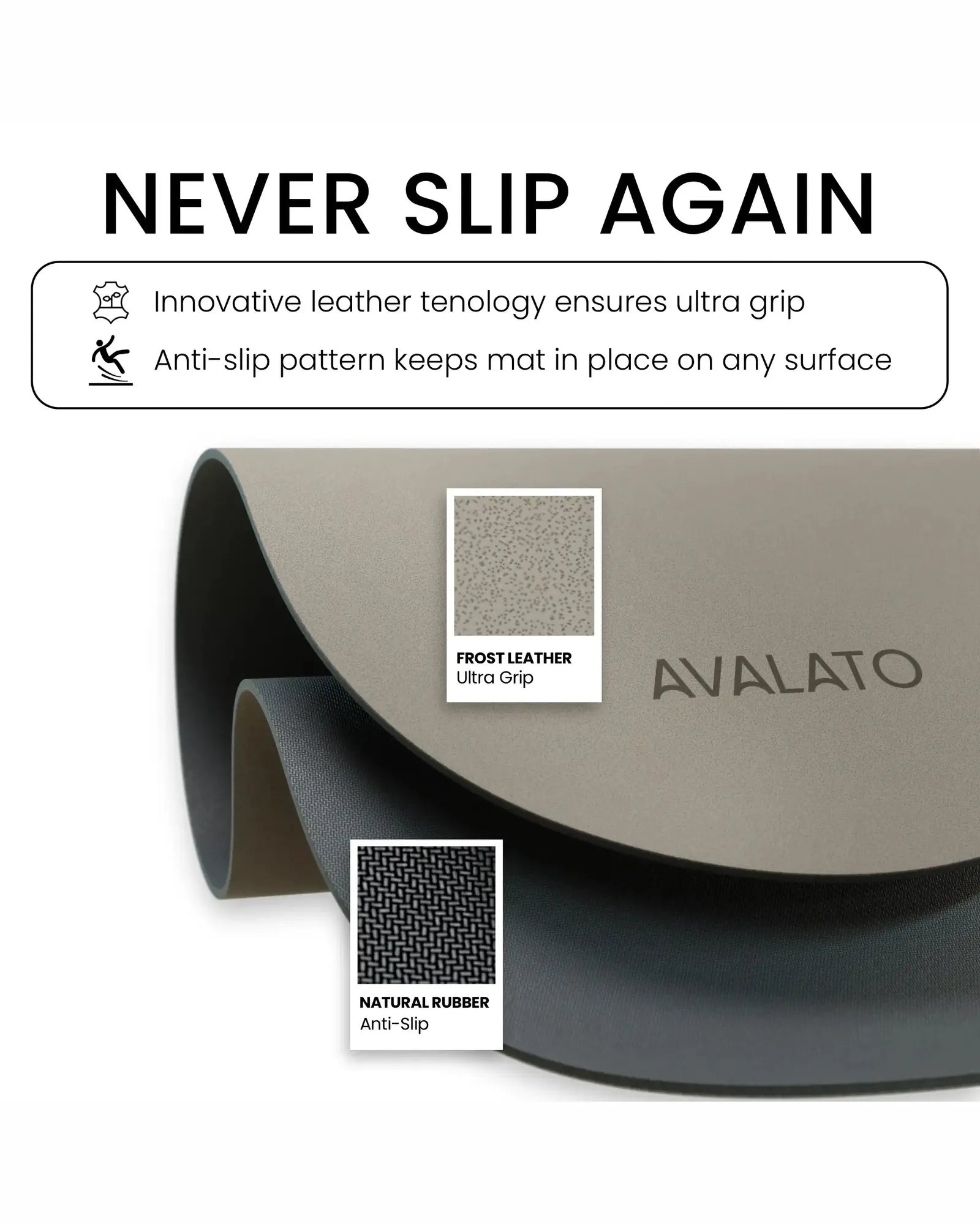 never slip again on yoga mat with grip leather and anti-slip natural rubber