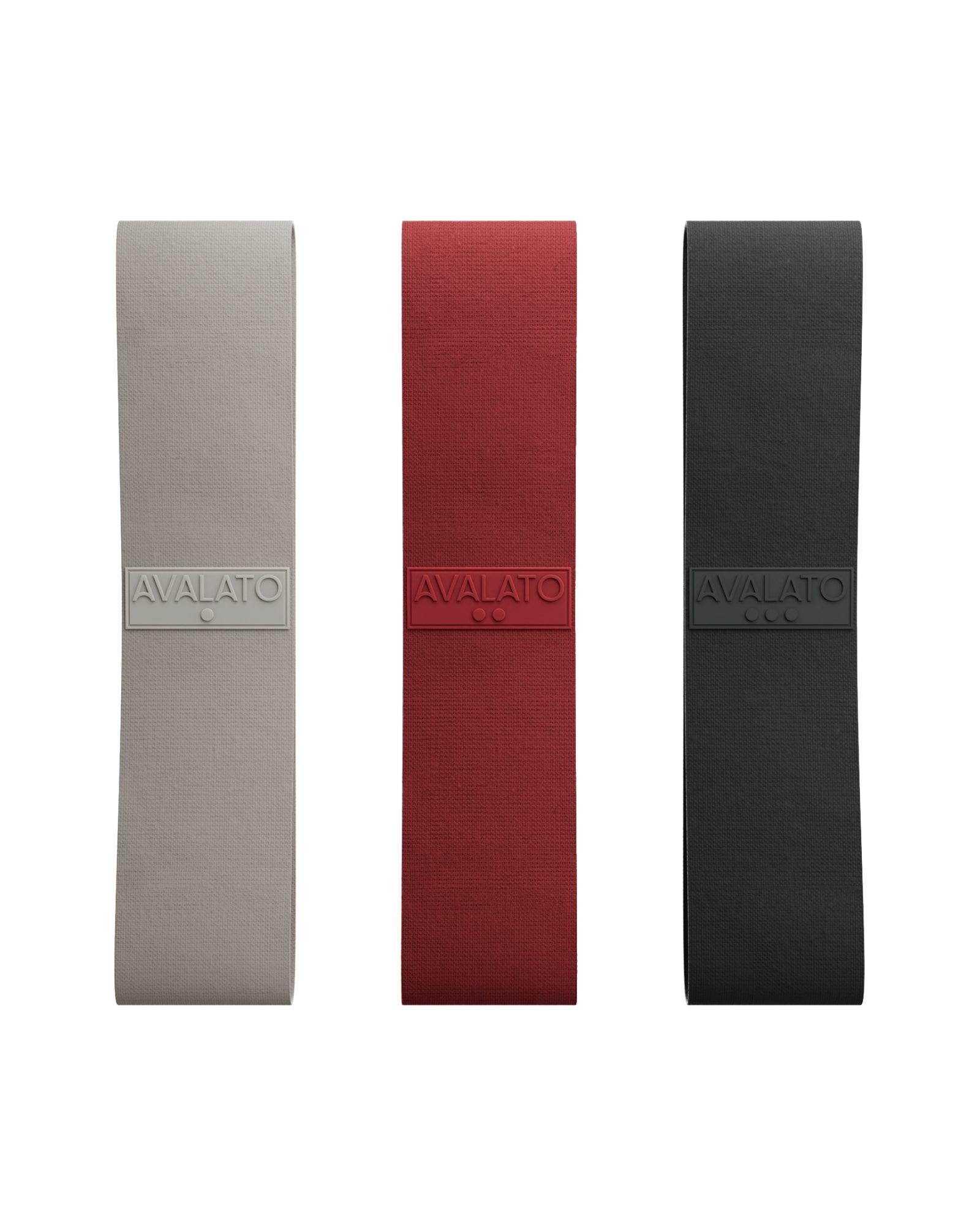 Three resistance bands in gray, red, and black, shown in a row with anti-slip design