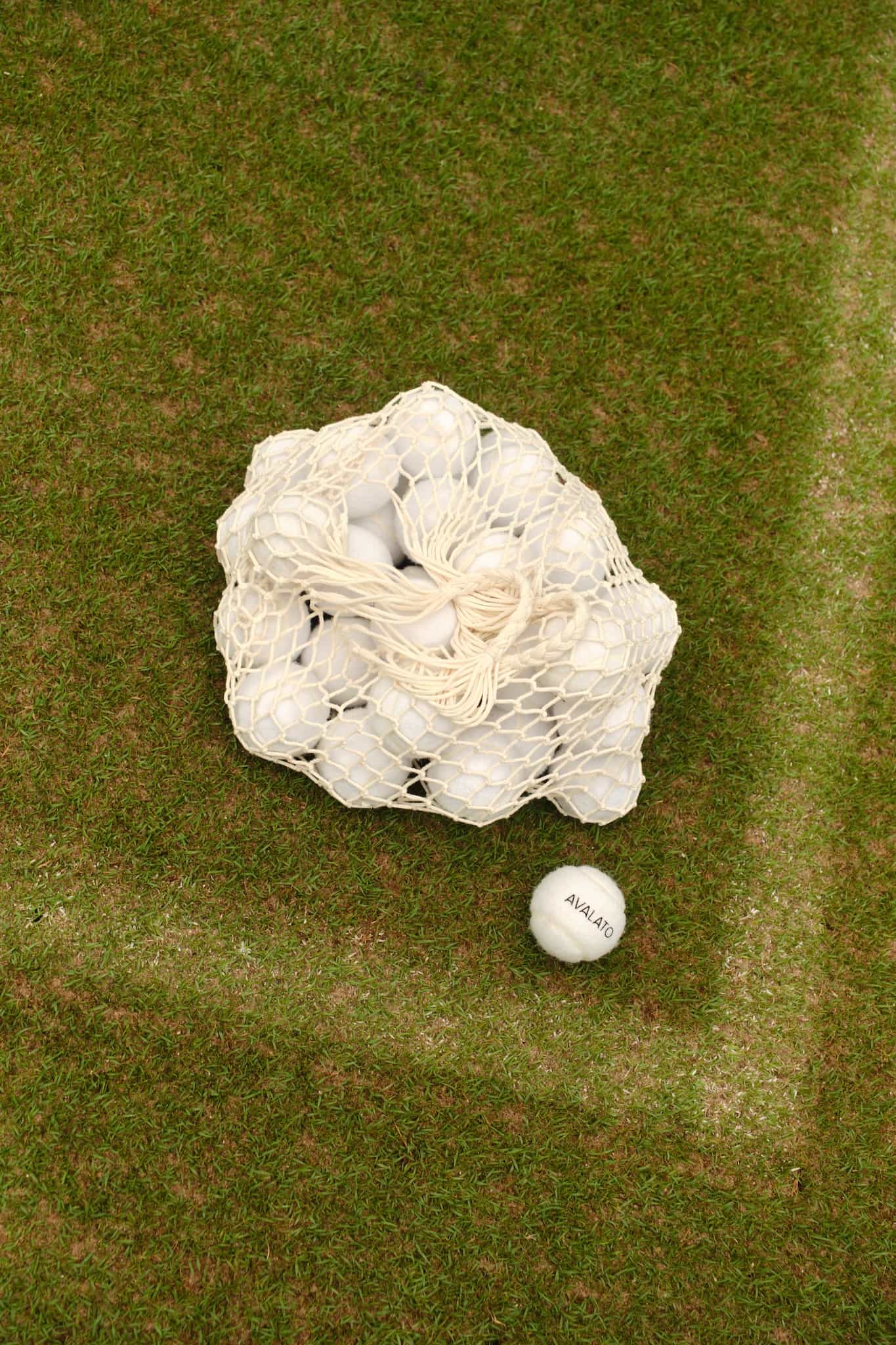 Net bag filled with white tennis balls on a vintage grass court